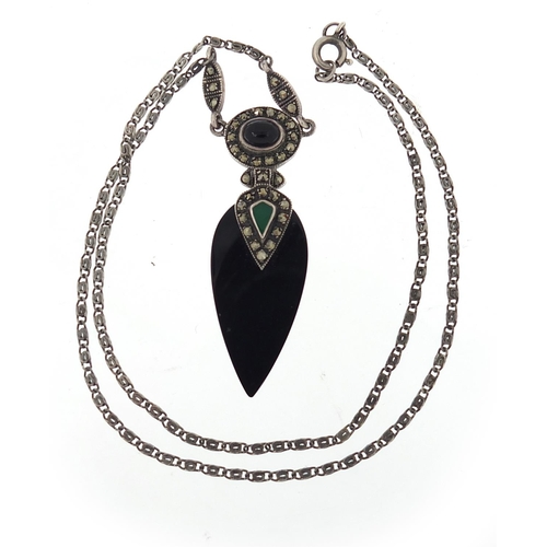 552 - Art Deco silver, onyx and marcasite necklace, 40cm in length, 8.6g