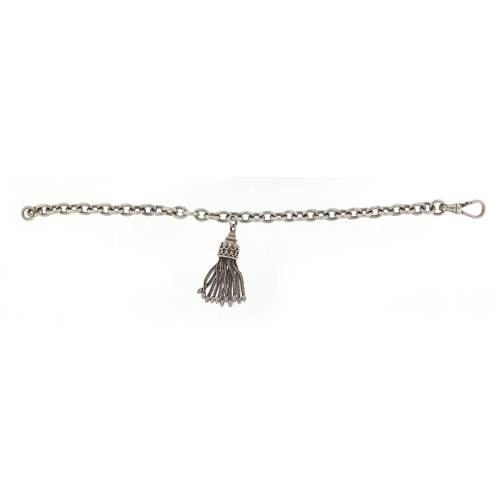 662 - Silver watch chain design bracelet with tassel, 16cm in length, 16.5g