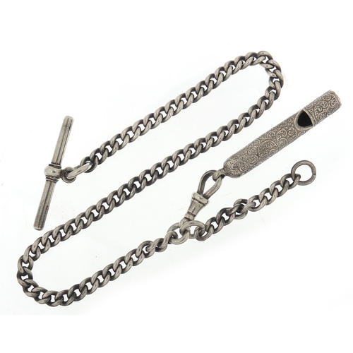 808 - Silver watch chain with T bar and silver coloured metal whistle, 30cm in length, total 39.0g