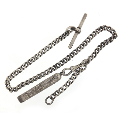 808 - Silver watch chain with T bar and silver coloured metal whistle, 30cm in length, total 39.0g