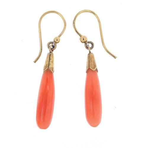 429 - Pair of 9ct gold pink coral drop earrings, 3.4cm high, 2.1g