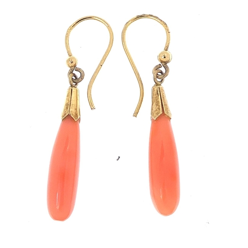 429 - Pair of 9ct gold pink coral drop earrings, 3.4cm high, 2.1g