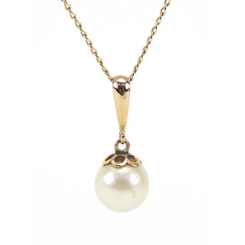 1121 - 9ct gold cultured pearl pendant on 9ct gold necklace, marked Ciro to the clasp, 1.5cm high and 44cm ... 