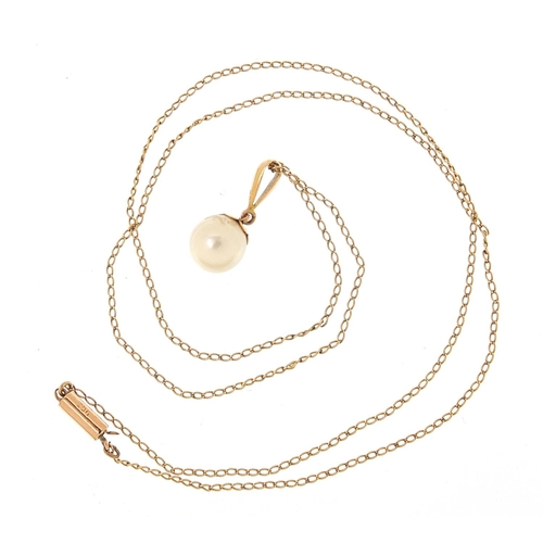 1121 - 9ct gold cultured pearl pendant on 9ct gold necklace, marked Ciro to the clasp, 1.5cm high and 44cm ... 