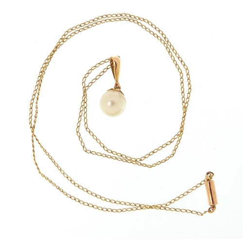 1121 - 9ct gold cultured pearl pendant on 9ct gold necklace, marked Ciro to the clasp, 1.5cm high and 44cm ... 