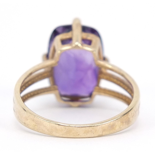 209 - 9ct gold facetted amethyst ring, size R, 4.2g