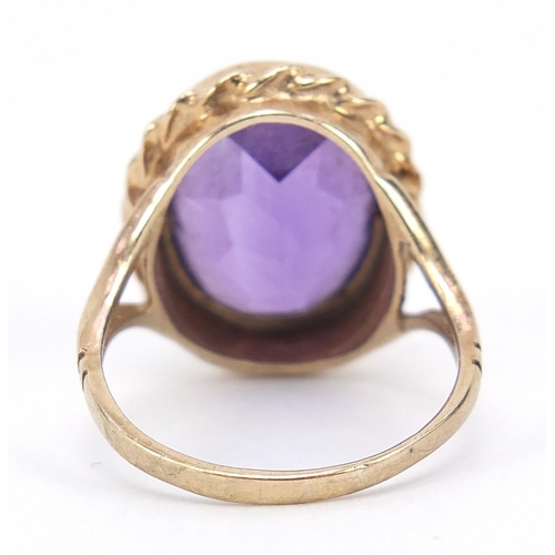 64 - 9ct gold oval amethyst ring, size J, 4.8g