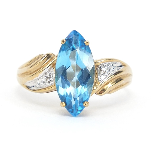 889 - 9ct gold marquis blue topaz and diamond ring, size S, 2.7g