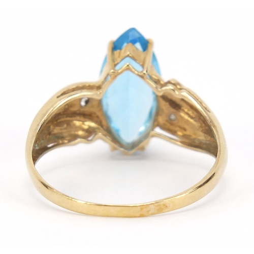 889 - 9ct gold marquis blue topaz and diamond ring, size S, 2.7g