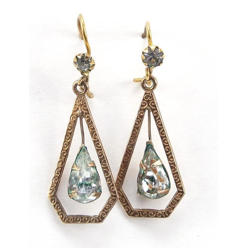 652 - Pair of 9ct gold blue paste drop earrings, 2.5cm high, 1.6g