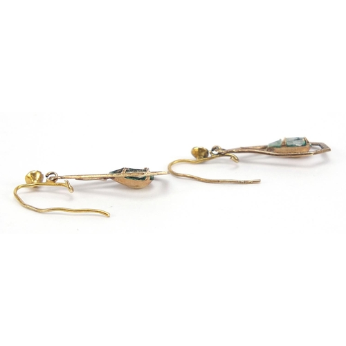 652 - Pair of 9ct gold blue paste drop earrings, 2.5cm high, 1.6g