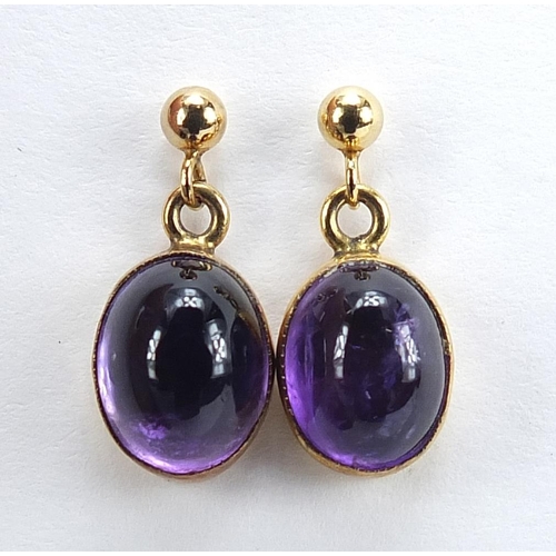 1028 - Pair of 9ct gold cabochon amethyst drop earrings, 1.5cm high, 2.0g