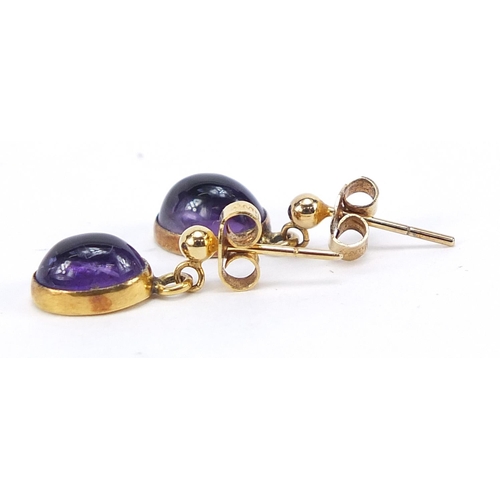 1028 - Pair of 9ct gold cabochon amethyst drop earrings, 1.5cm high, 2.0g