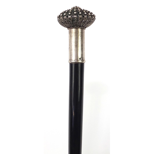 353 - Hardwood walking stick with Russian silver mounted pommel, impressed marks, 95cm in length