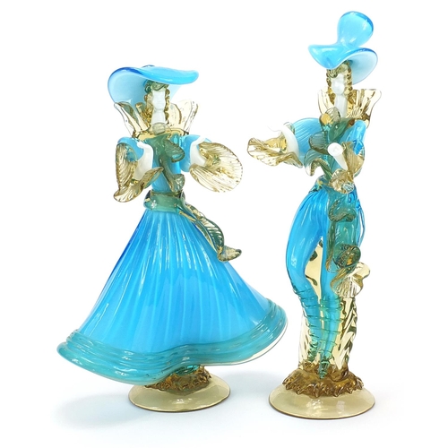 319 - Pair Of Italian Murano Glass Courtesan Figurines By Franco Toffolo, the largest 39cm high