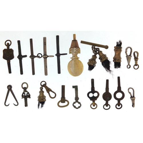 782 - Collection of antique and later watch keys, fobs and T bars including some silver and a gold coloure... 