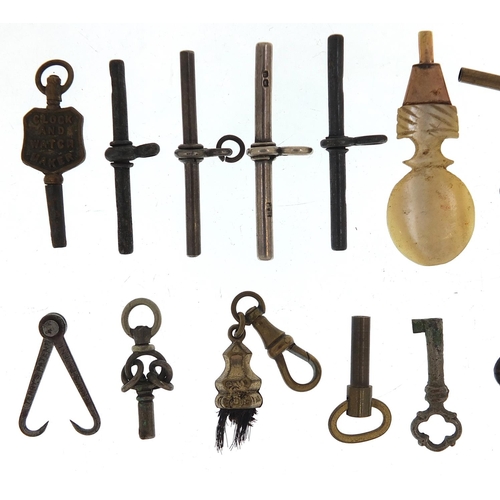 782 - Collection of antique and later watch keys, fobs and T bars including some silver and a gold coloure... 