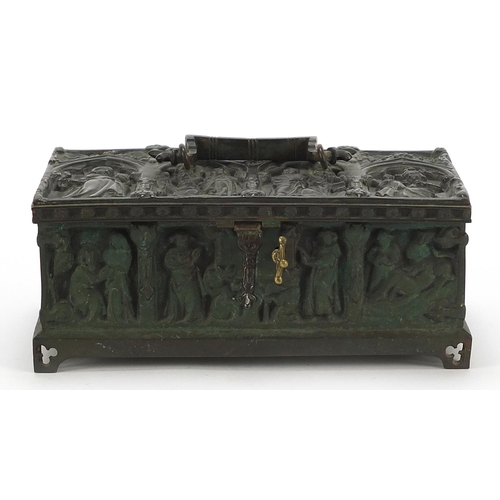 758 - 19th century style classical bronzed casket, 9cm H x 21.5cm W x 12.5cm D