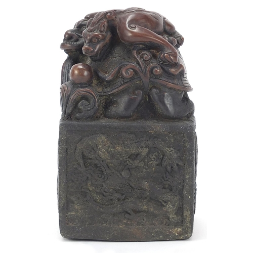 731 - Large Chinese bronze dragon seal, character marks to the base, 13cm high