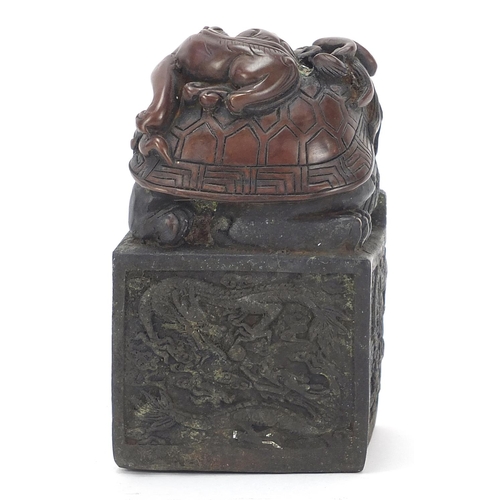 731 - Large Chinese bronze dragon seal, character marks to the base, 13cm high