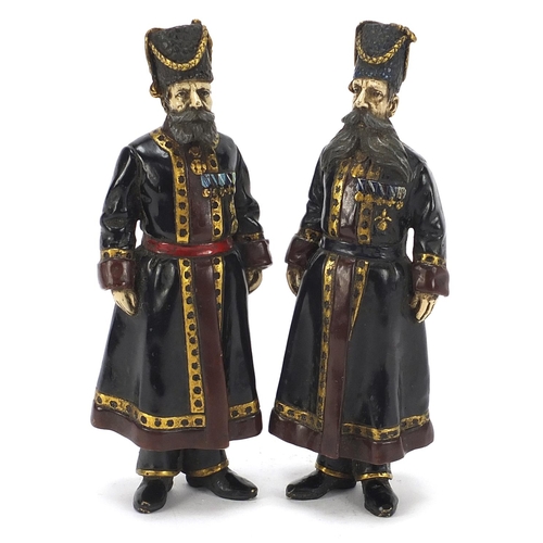 149 - Pair of cold painted bronze figures of Russian officers in military dress, each approximately 18cm h... 