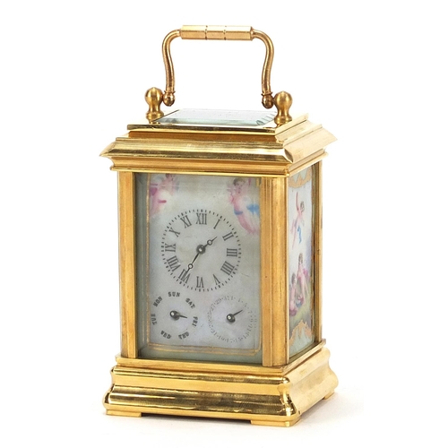 244 - French style gilt metal perpetual carriage clock with Sevres style panels, 8cm high