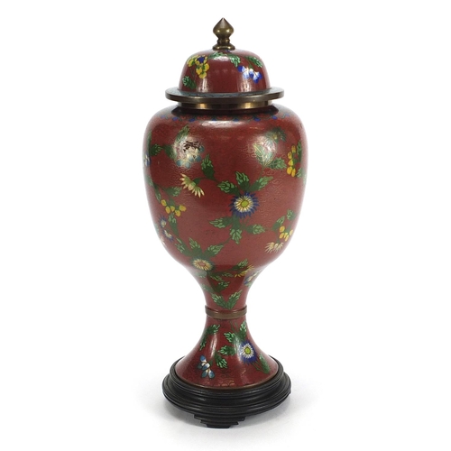 564 - Chinese cloisonné pedestal vase and cover enamelled with flowers, 35cm high