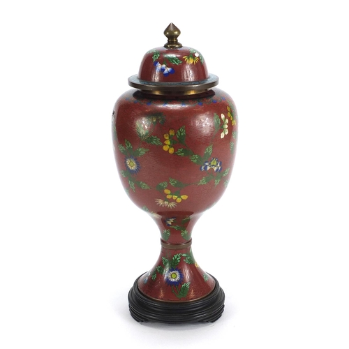 564 - Chinese cloisonné pedestal vase and cover enamelled with flowers, 35cm high