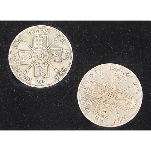 363 - Victorian specimen double florin set with fitted case comprising years 1887, 1888, 1889 and 1890