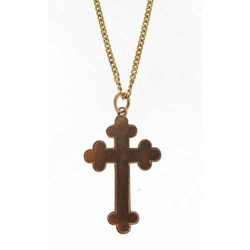 548 - 9ct gold cross pendant on a 9ct gold necklace, 2.8cm high and 44cm in length, total 3.4g