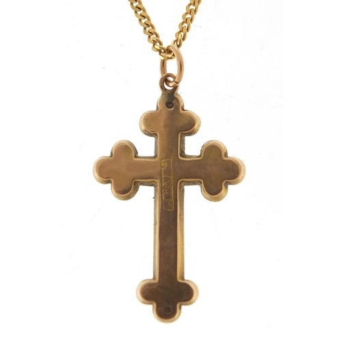 548 - 9ct gold cross pendant on a 9ct gold necklace, 2.8cm high and 44cm in length, total 3.4g