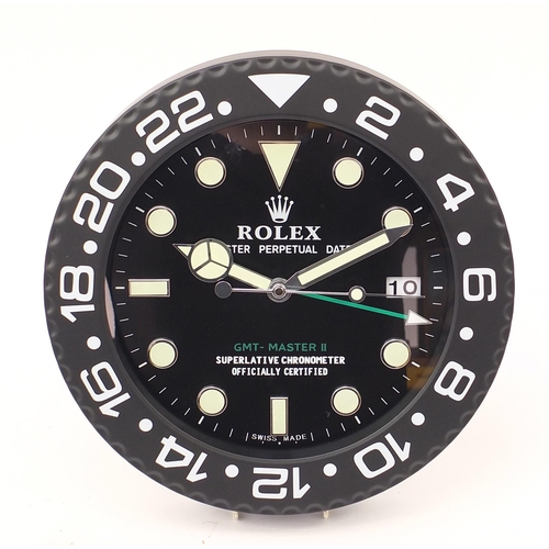 1036 - Rolex GMT Master II design dealer's display wall clock, 34cm in diameter