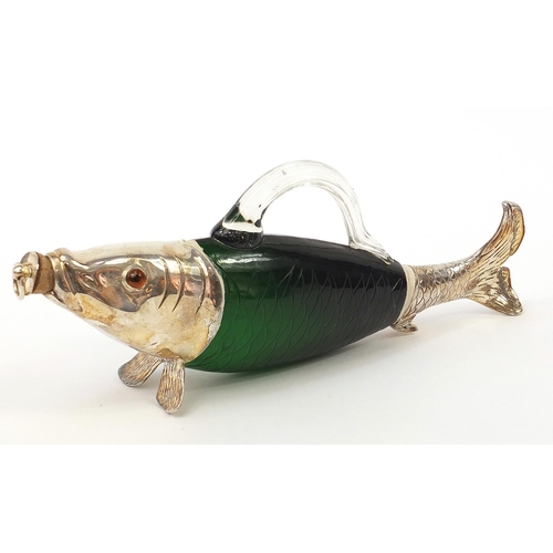 525 - Novelty green glass fish design decanter with silver plated mount and beaded eyes, 34cm in length