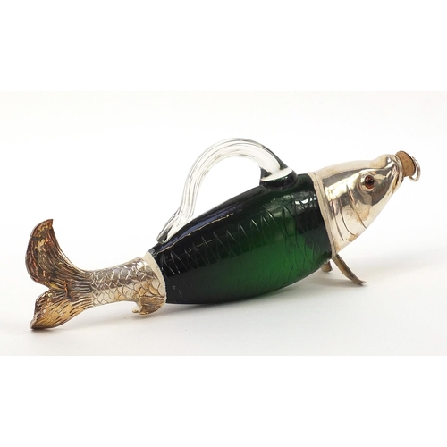 525 - Novelty green glass fish design decanter with silver plated mount and beaded eyes, 34cm in length