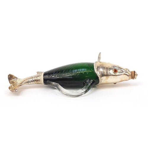 525 - Novelty green glass fish design decanter with silver plated mount and beaded eyes, 34cm in length