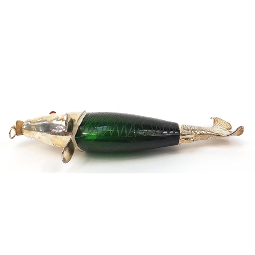 525 - Novelty green glass fish design decanter with silver plated mount and beaded eyes, 34cm in length