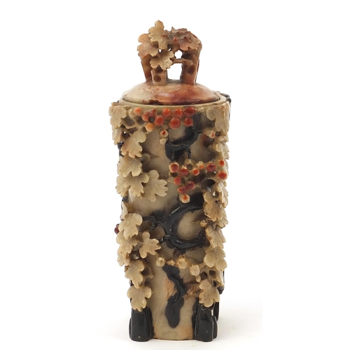 932 - Chinese soapstone vase and cover profusely carved with foliage, 24cm high