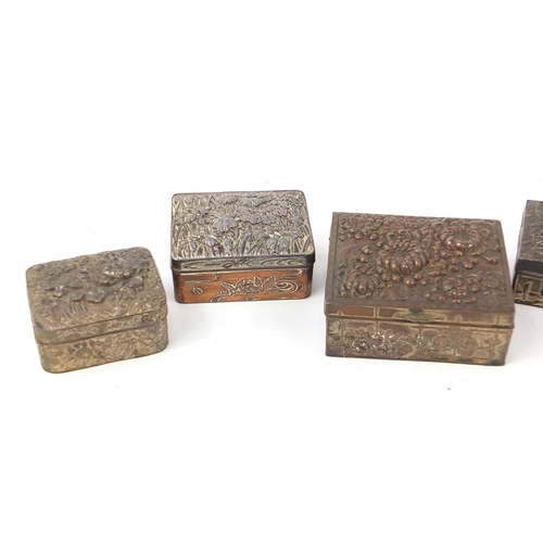 1007 - Six Japanese antimony boxes decorated with flowers, the largest 9cm wide