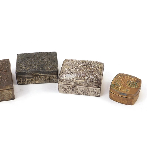 1007 - Six Japanese antimony boxes decorated with flowers, the largest 9cm wide