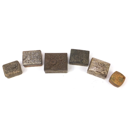 1007 - Six Japanese antimony boxes decorated with flowers, the largest 9cm wide