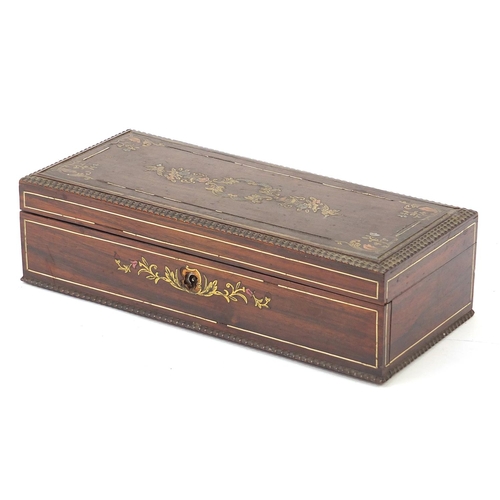 593 - 19th century French rosewood glove box with foliate metal inlay, 6.5cm H x 24cm W x 11cm D