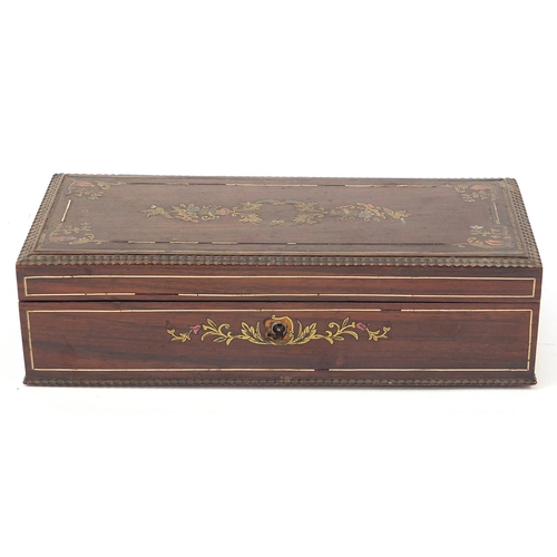 593 - 19th century French rosewood glove box with foliate metal inlay, 6.5cm H x 24cm W x 11cm D