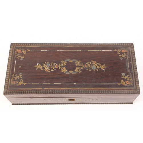 593 - 19th century French rosewood glove box with foliate metal inlay, 6.5cm H x 24cm W x 11cm D