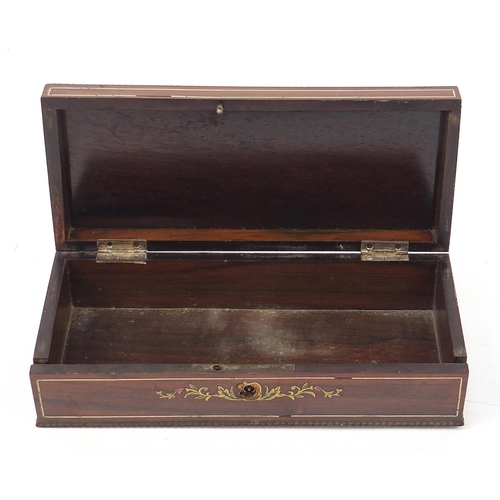 593 - 19th century French rosewood glove box with foliate metal inlay, 6.5cm H x 24cm W x 11cm D