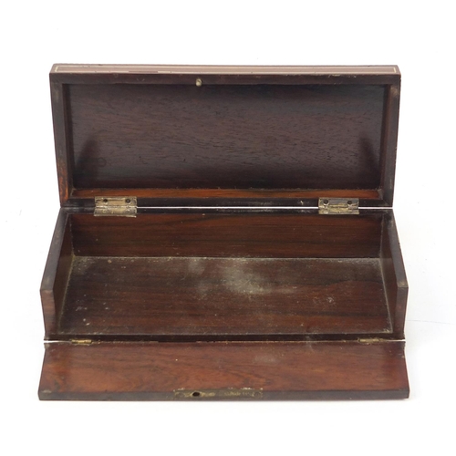 593 - 19th century French rosewood glove box with foliate metal inlay, 6.5cm H x 24cm W x 11cm D