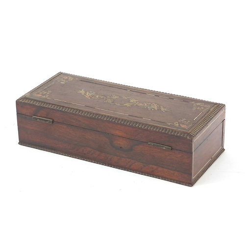 593 - 19th century French rosewood glove box with foliate metal inlay, 6.5cm H x 24cm W x 11cm D