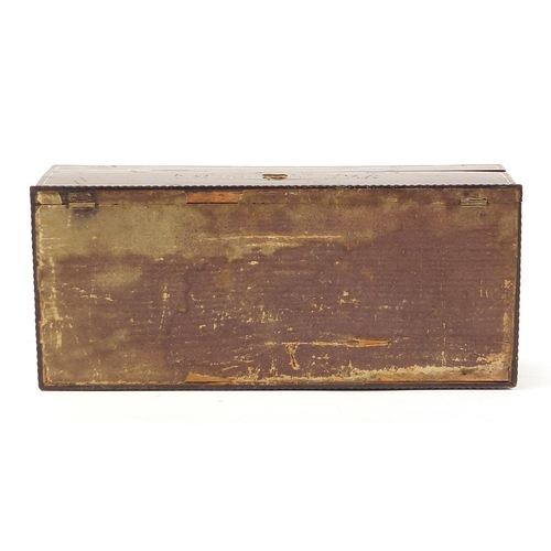 593 - 19th century French rosewood glove box with foliate metal inlay, 6.5cm H x 24cm W x 11cm D