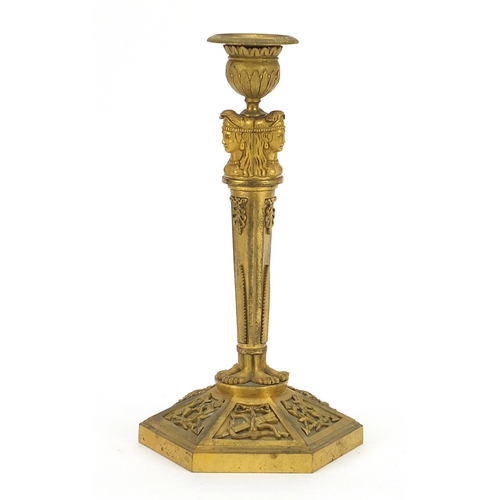 30 - Antique French Louis XVI style ormolu candlestick with masks and feet, 28cm high