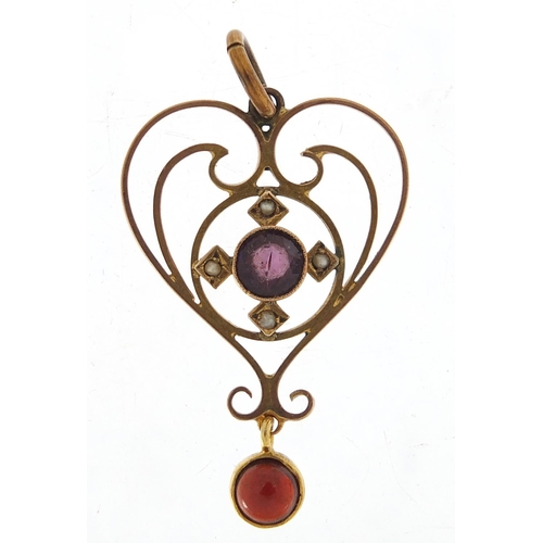 771 - Art Nouveau 9ct gold amethyst, garnet and seed pearl pendant, 4cm high, 2.7g