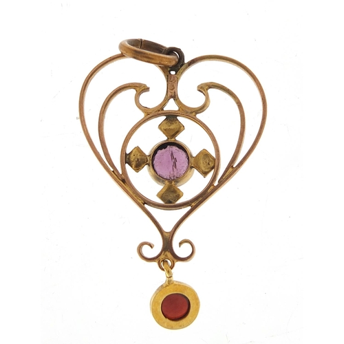 771 - Art Nouveau 9ct gold amethyst, garnet and seed pearl pendant, 4cm high, 2.7g